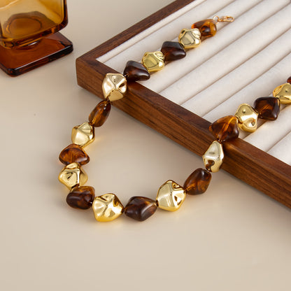 Coffee Resin and Goldtone Irregular Rhombus Station Collar Necklace, dainty minimalist design, detail close-up