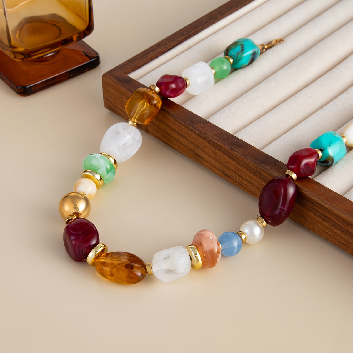 Multi-Colored Resin and Goldtone Irregular Bead Collar Necklace, elegant gift for her, detail close-up