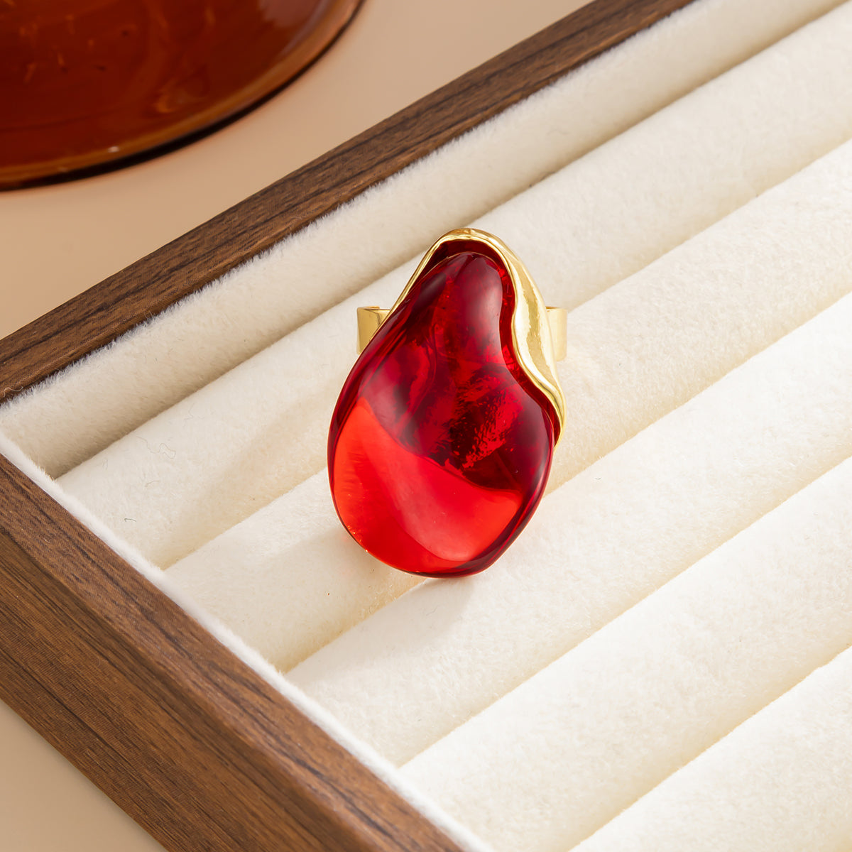 Red Resin and Goldtone Irregular Drop Open Ring, elegant gift for her, side view