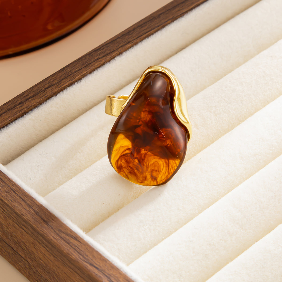 Amber Resin and Goldtone Irregular Drop Open Ring, everyday style, side view