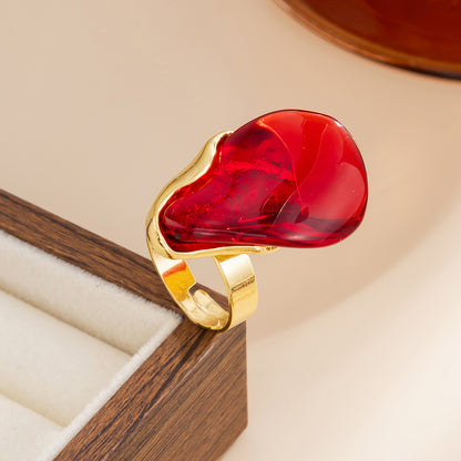Red Resin and Goldtone Irregular Drop Open Ring, elegant gift for her, detail close-up