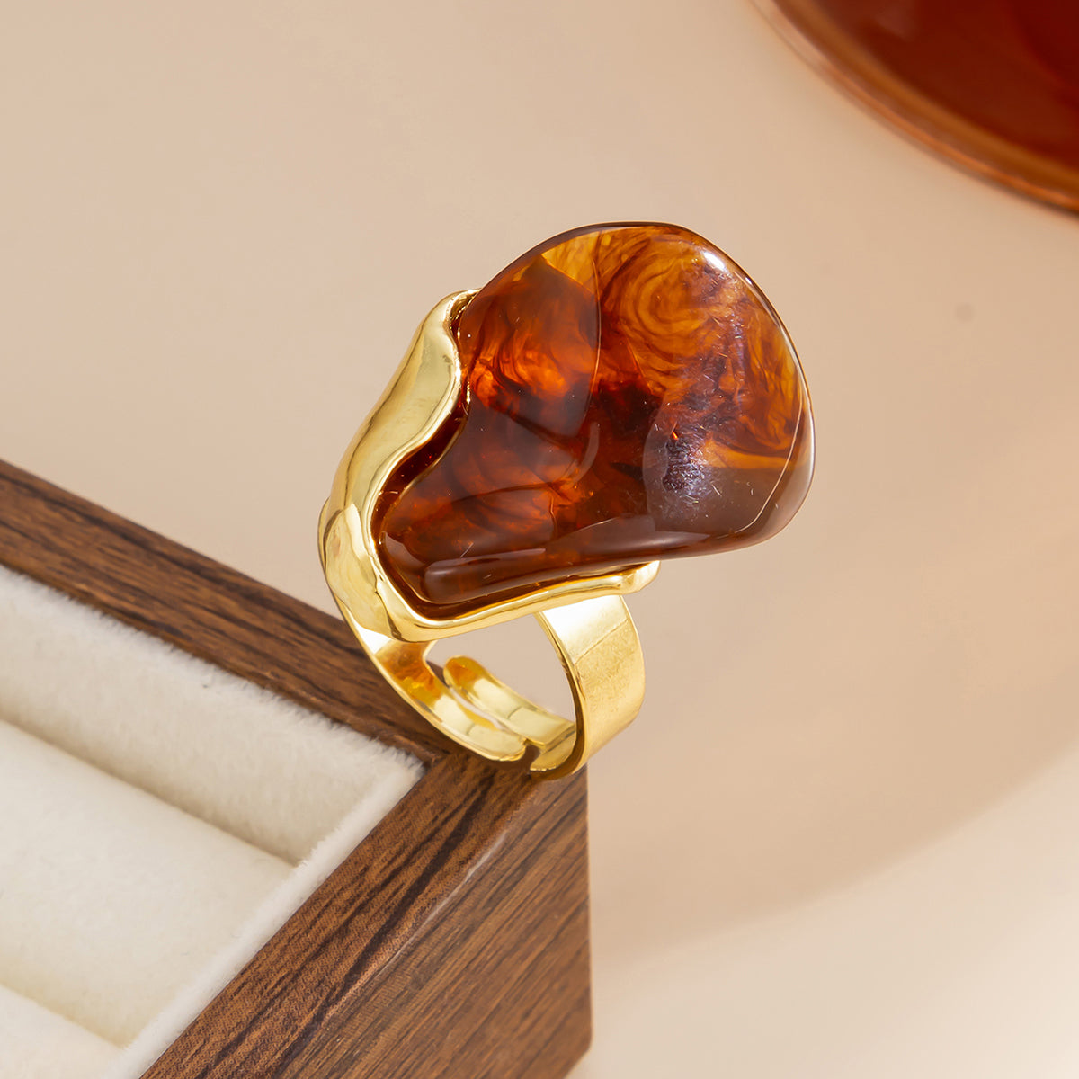 Amber Resin and Goldtone Irregular Drop Open Ring, everyday style, detail close-up