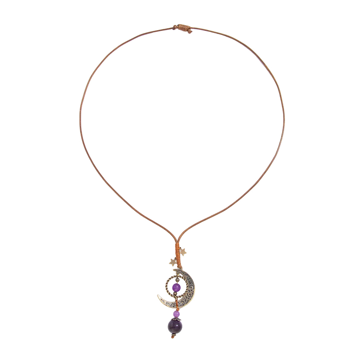 Purple Crystal and Polyster Goldtone Bead Moon Pendant Necklace, vintage-inspired design, front view