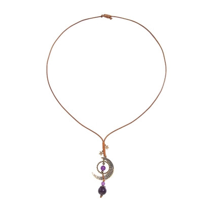 Purple Crystal and Polyster Goldtone Bead Moon Pendant Necklace, vintage-inspired design, front view