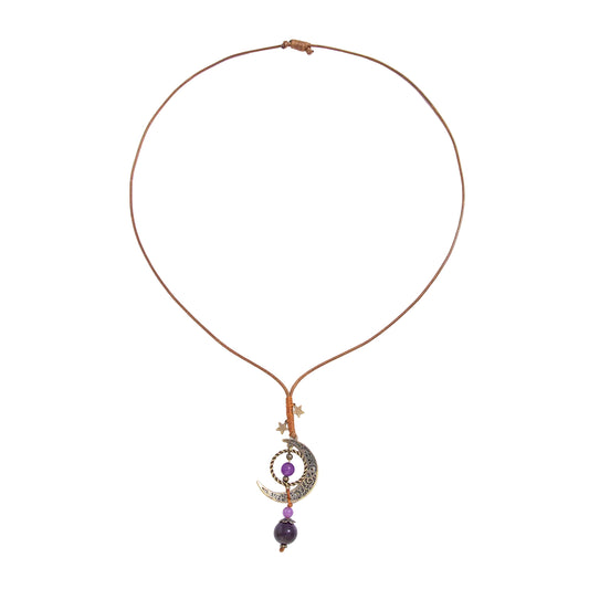 Purple Crystal and Polyster Goldtone Bead Moon Pendant Necklace, vintage-inspired design, front view