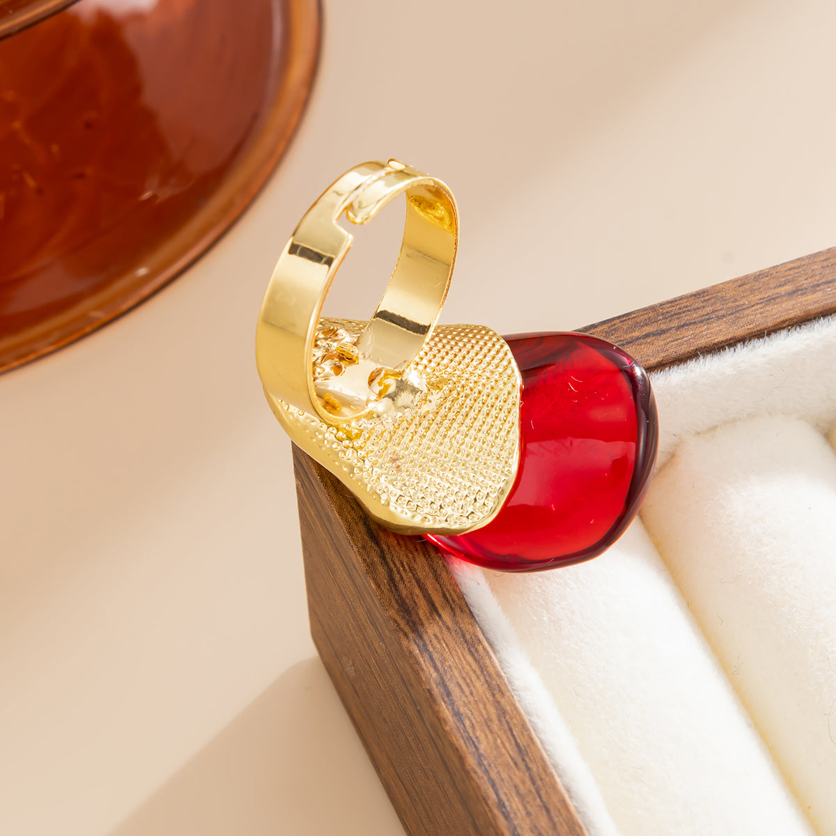 Red Resin and Goldtone Irregular Drop Open Ring, elegant gift for her, lifestyle look