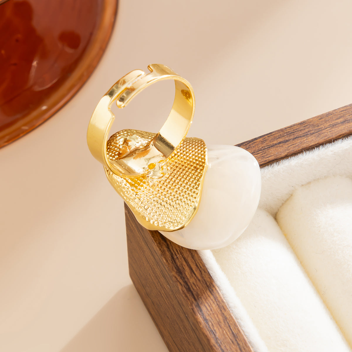 White Resin and Goldtone Irregular Drop Open Ring, vintage-inspired design, lifestyle look