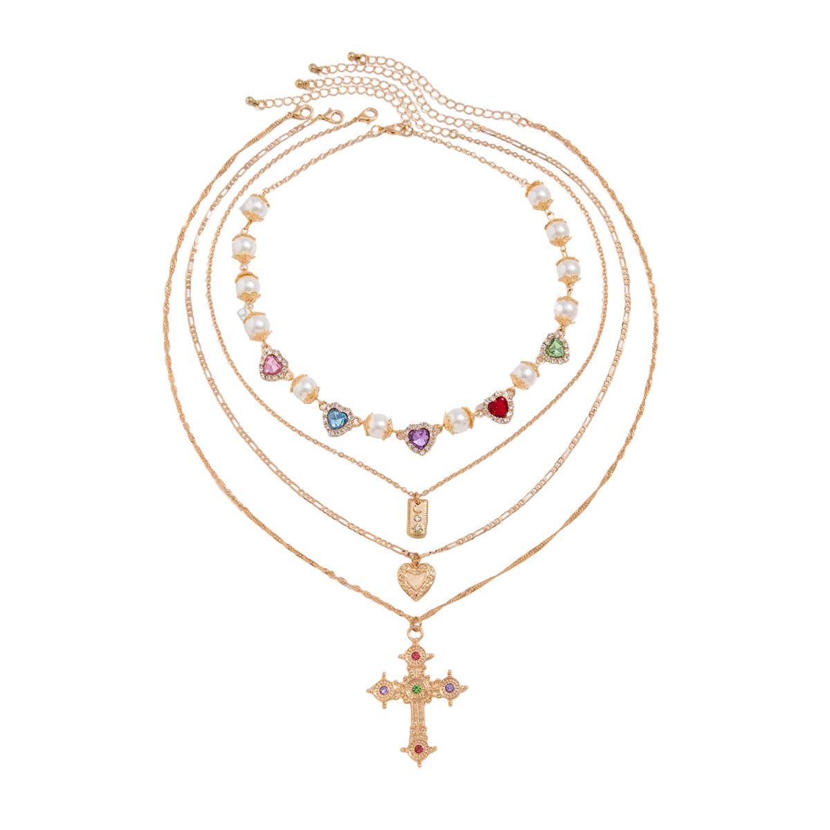 Multi-Colored Crystal and Cubic Zirconia Pearl Goldtone Heart Cross Pendant Necklace Set, gold pendant..., front view
