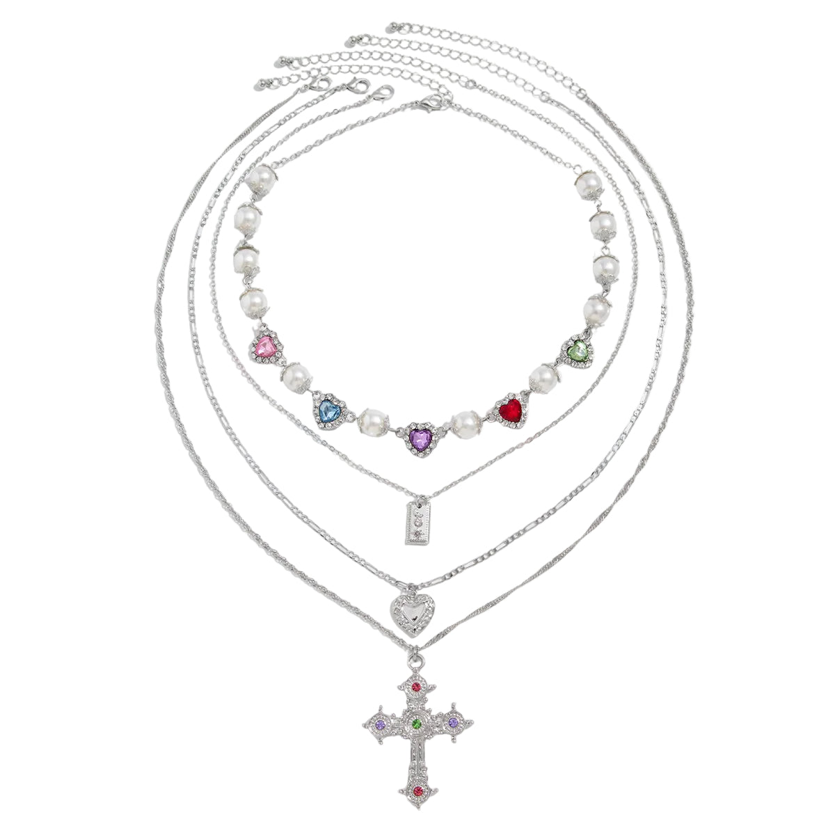 Multi-Colored Crystal and Cubic Zirconia Pearl Silvertone Heart Cross Pendant Necklace Set, silver pendant..., front view