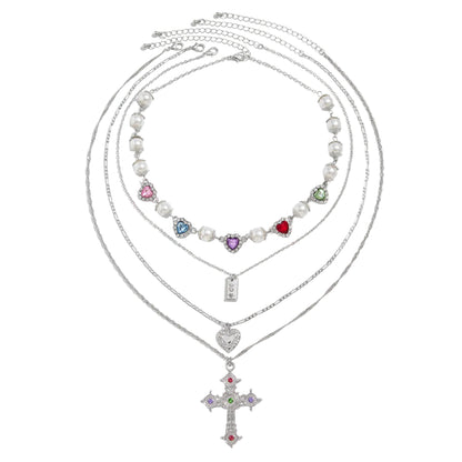 Multi-Colored Crystal and Cubic Zirconia Pearl Silvertone Heart Cross Pendant Necklace Set, silver pendant..., front view