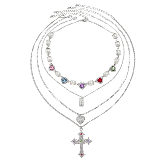 Multi-Colored Crystal and Cubic Zirconia Pearl Silvertone Heart Cross Pendant Necklace Set, silver pendant..., front view