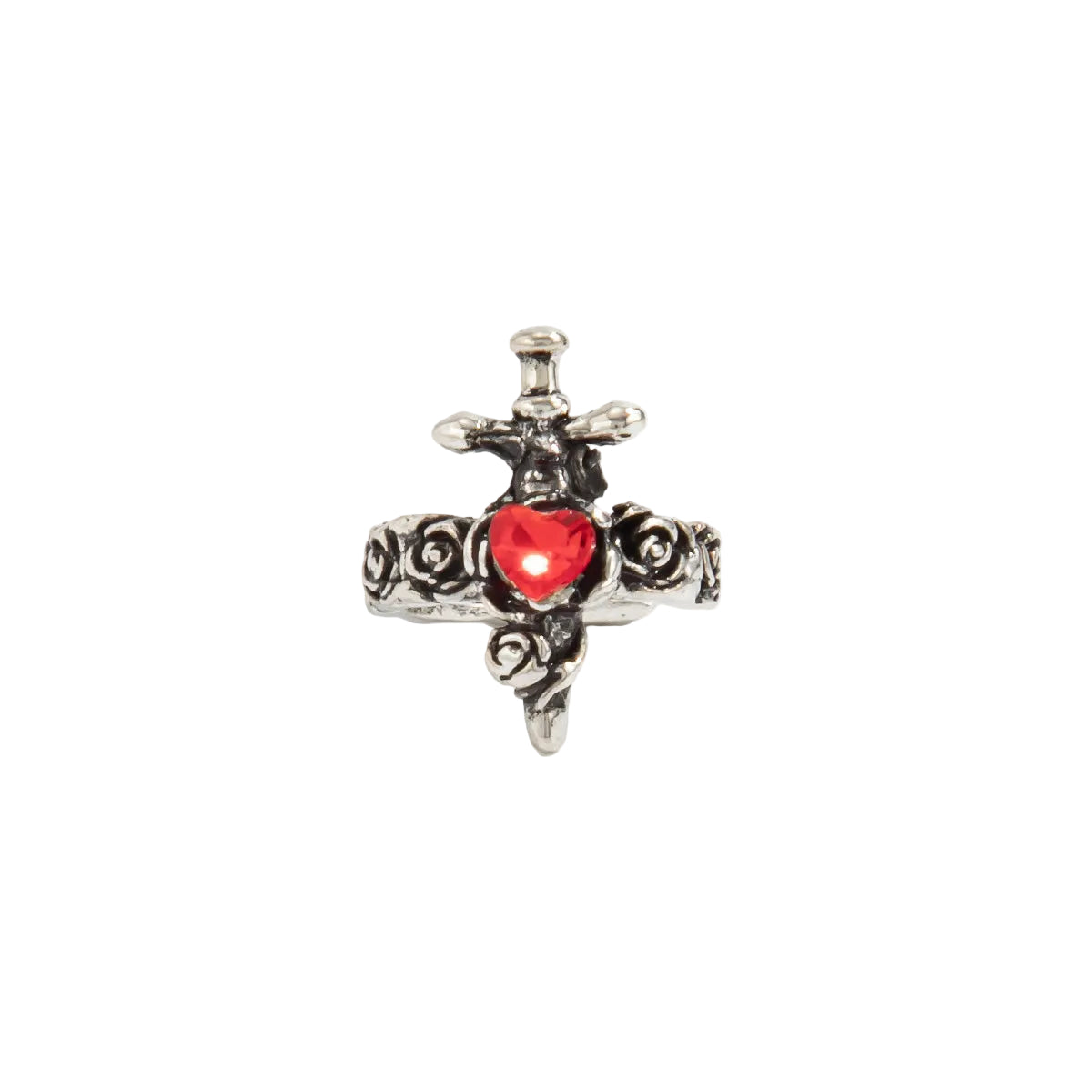 Red Heart Crystal & Silvertone Sword Ear Cuff