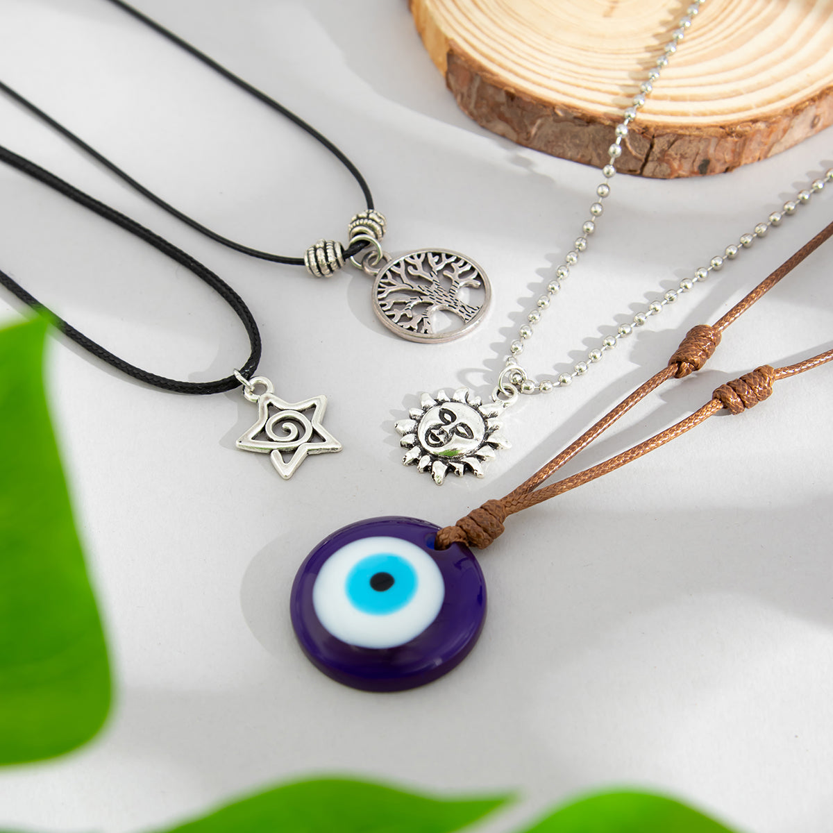 Black Resin and Polyster Silvertone Celestial Life Tree Eye Pendant Necklace Set, silver pendant..., detail close-up