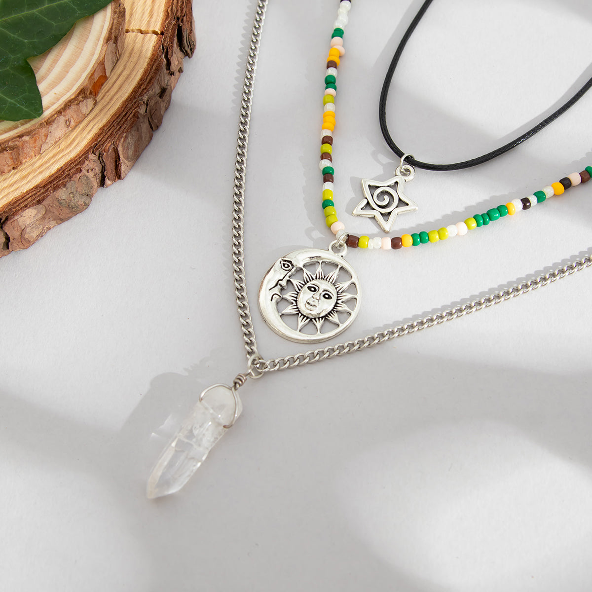 Crystal and Howlite Polyster Silvertone Sun Hexagonal Prism Pendant Necklace Set, silver pendant necklace for..., side view