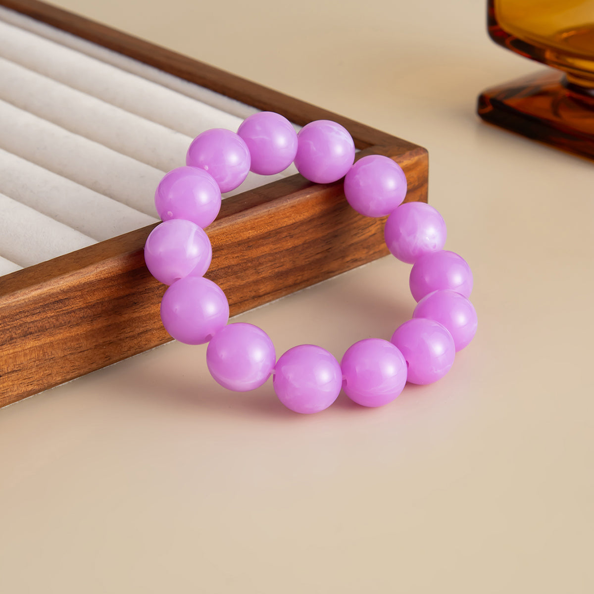 Purple Resin Beaded Stretch Bracelet, dainty minimalist design, detail close-up