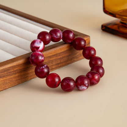 Wine Red Resin Beaded Stretch Bracelet, botanical inspired, detail close-up