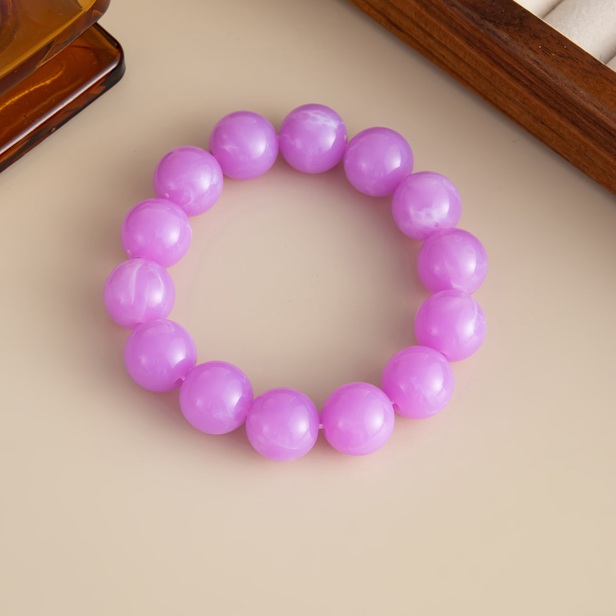 Purple Resin Beaded Stretch Bracelet, dainty minimalist design, lifestyle look