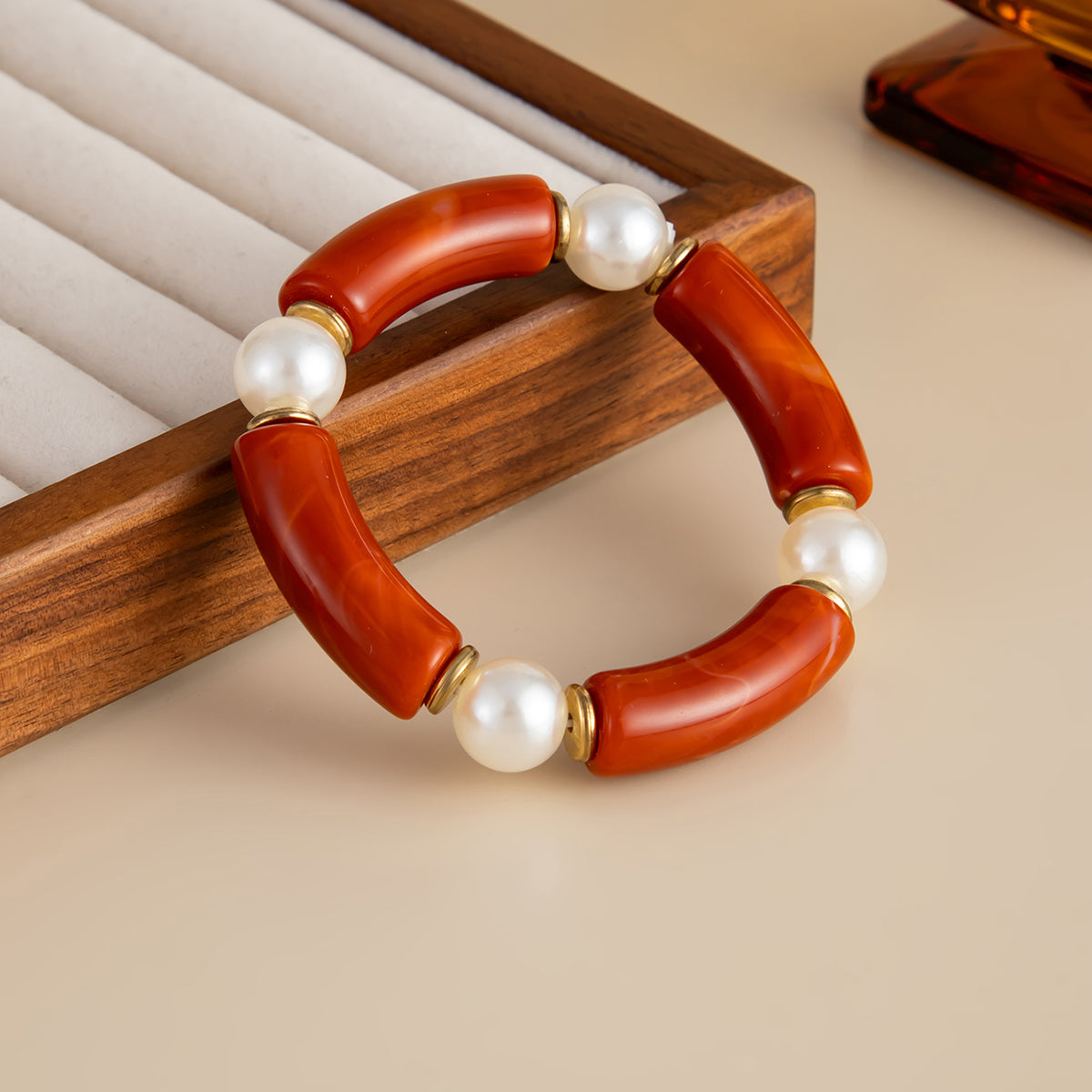 Red Resin and Pearl Goldtone Sequin Joint Stretch Bracelet, everyday style, detail close-up