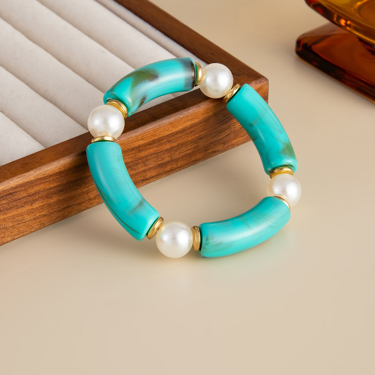 Teal Resin and Pearl Goldtone Sequin Joint Stretch Bracelet, everyday style, detail close-up