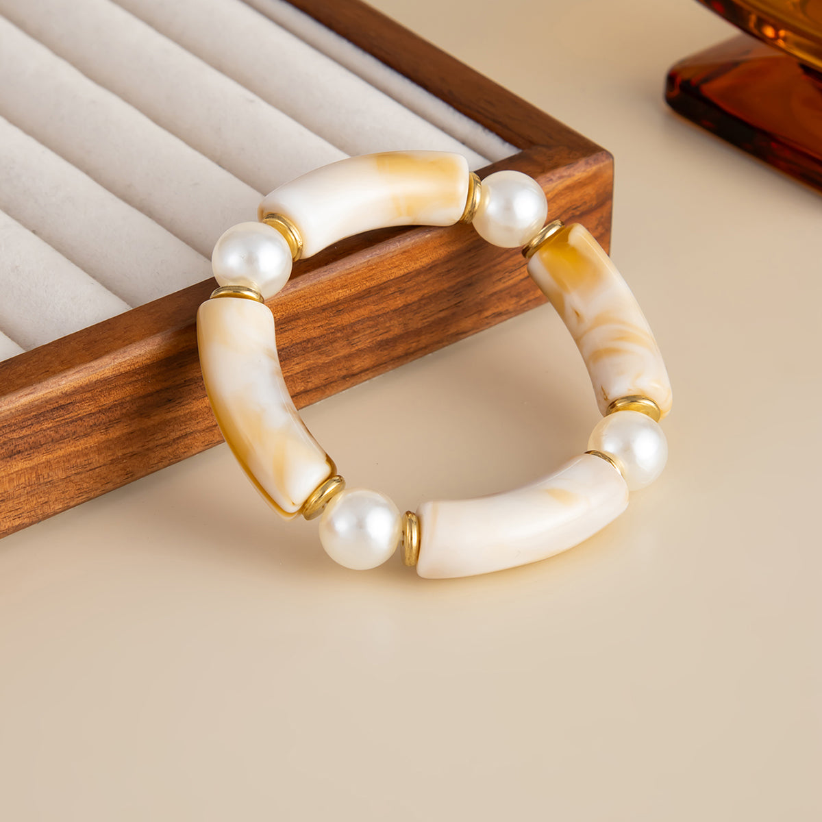 Beige Resin and Pearl Goldtone Sequin Joint Stretch Bracelet, everyday style, detail close-up