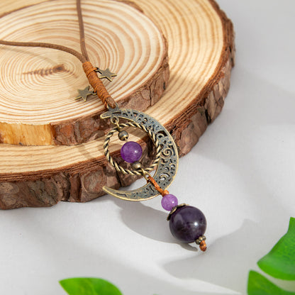Purple Crystal and Polyster Goldtone Bead Moon Pendant Necklace, vintage-inspired design, side view