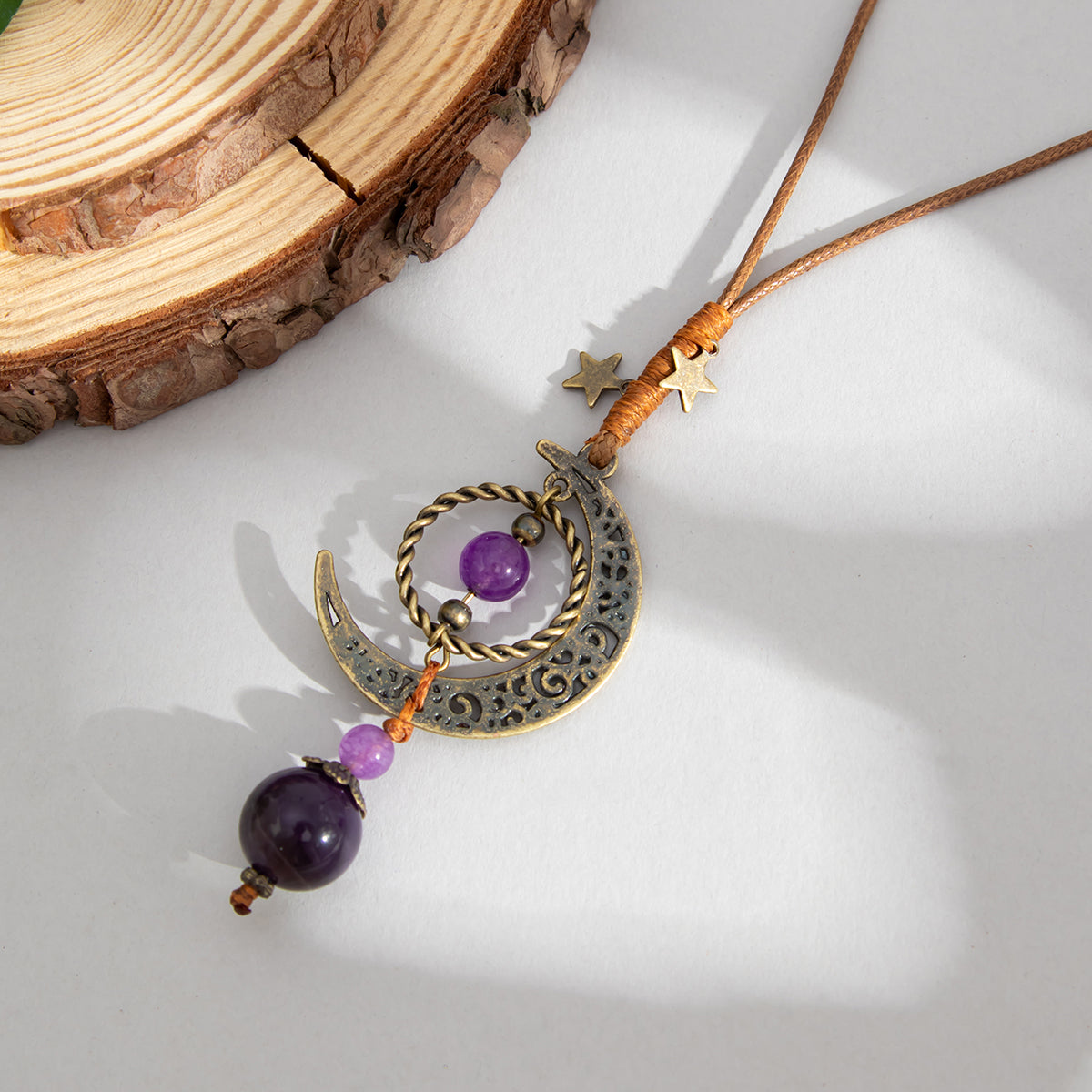 Purple Crystal and Polyster Goldtone Bead Moon Pendant Necklace, vintage-inspired design, detail close-up