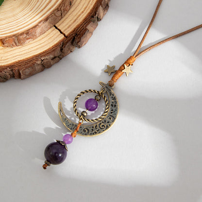 Purple Crystal and Polyster Goldtone Bead Moon Pendant Necklace, vintage-inspired design, detail close-up