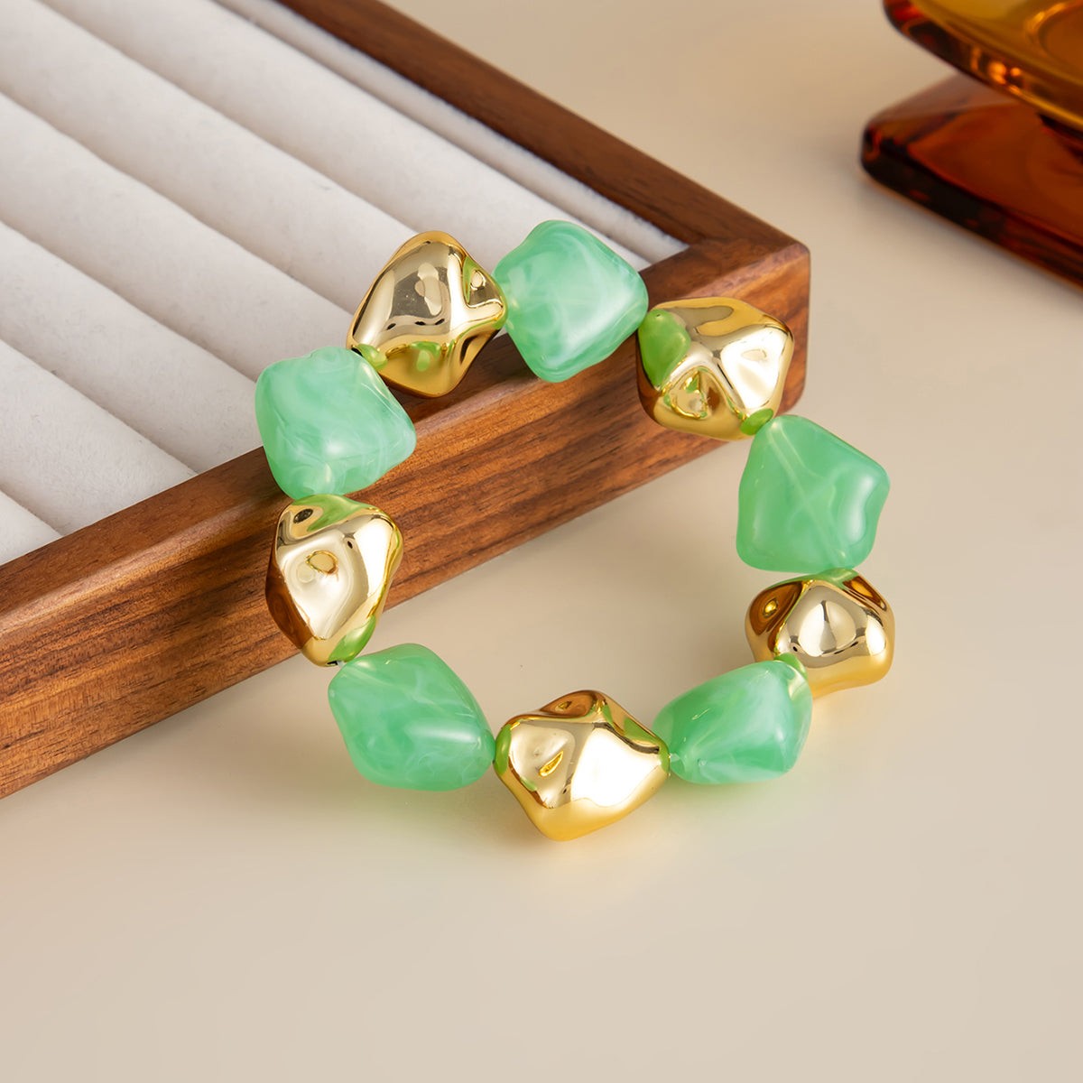 Green Resin and Goldtone Irregular Beads Station Stretch Bracelet, vintage-inspired design, side view