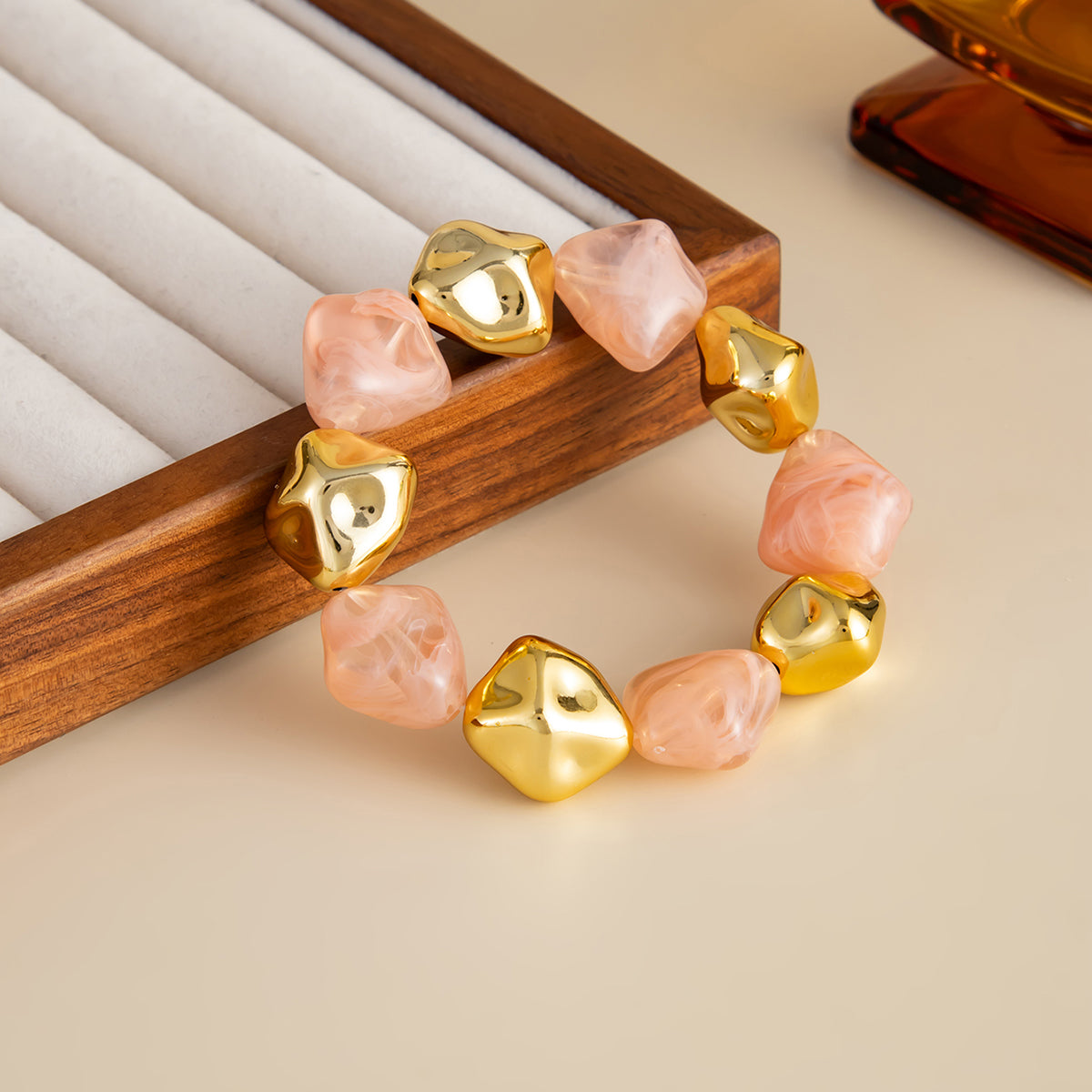 Pink Resin and Goldtone Irregular Beads Station Stretch Bracelet, everyday style, side view
