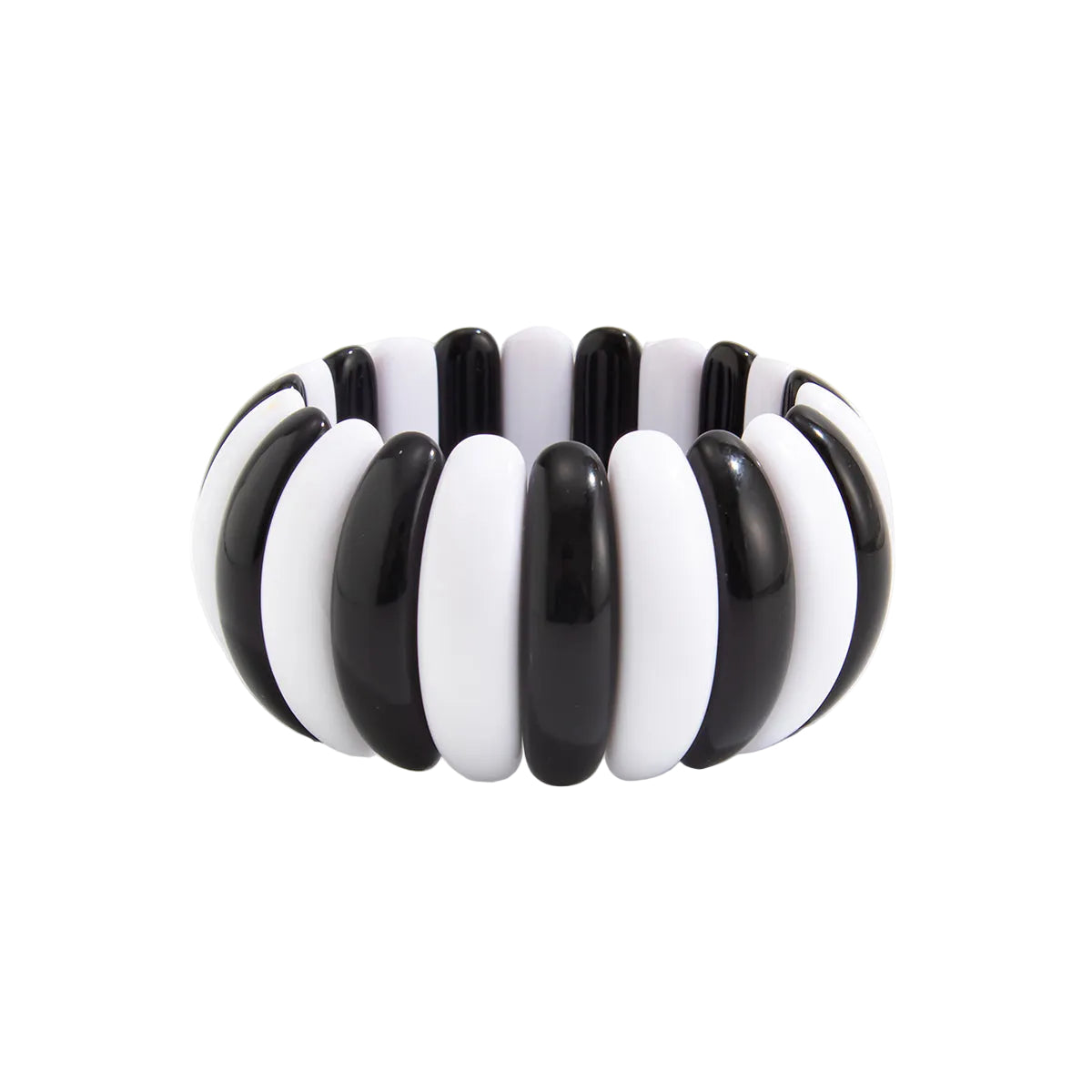 Black and White Resin Tire Stretch Bracelet, botanical inspired, front view