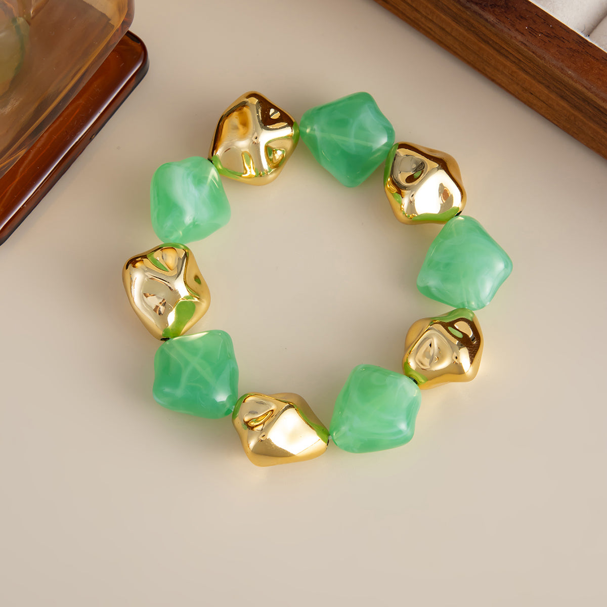 Green Resin and Goldtone Irregular Beads Station Stretch Bracelet, vintage-inspired design, detail close-up