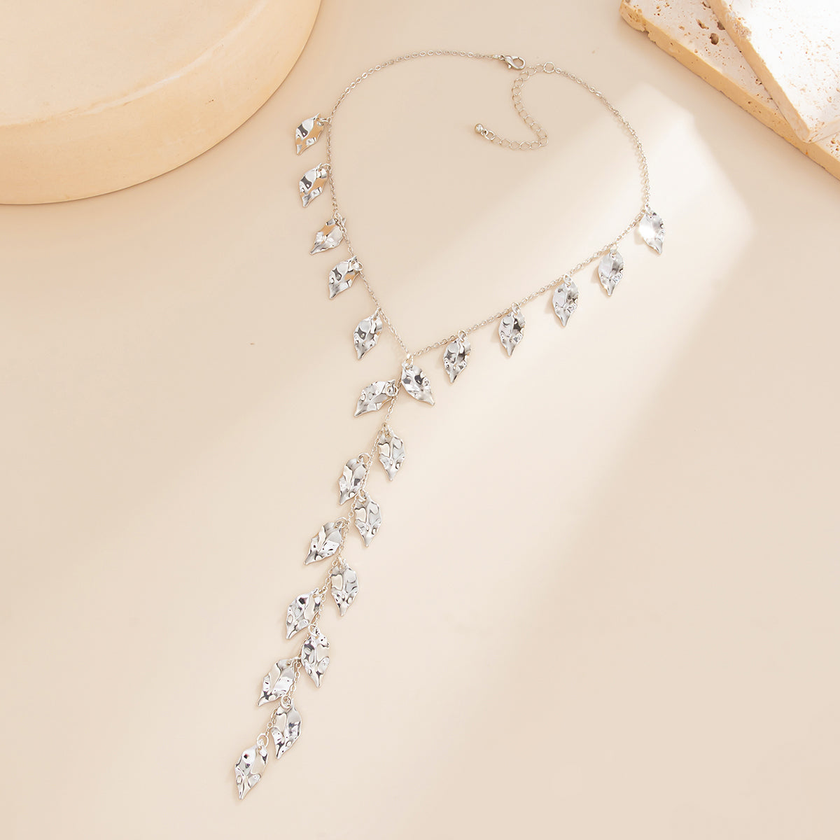 Silvertone Hammered Leaves Drop Necklace, elegant gift for her, side view