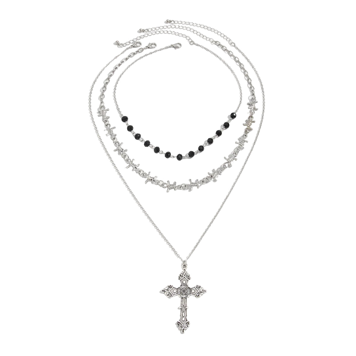 Black Resin and Silvertone Knot Station Cross Pendant Necklace Set, silver pendant necklace for women, front view