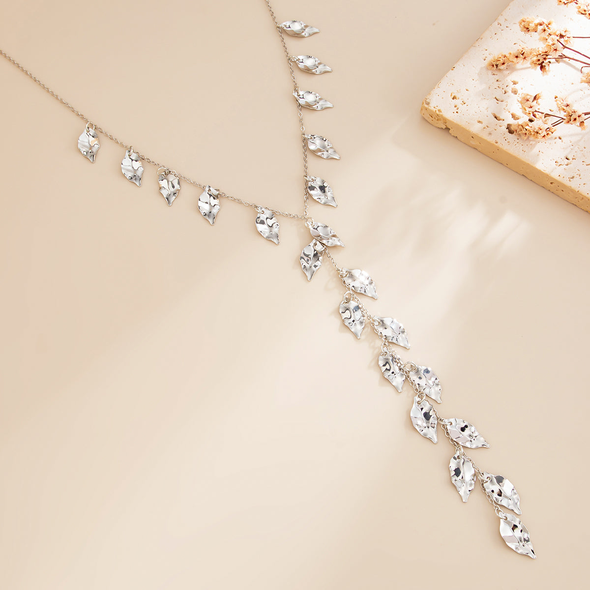 Silvertone Hammered Leaves Drop Necklace, elegant gift for her, detail close-up