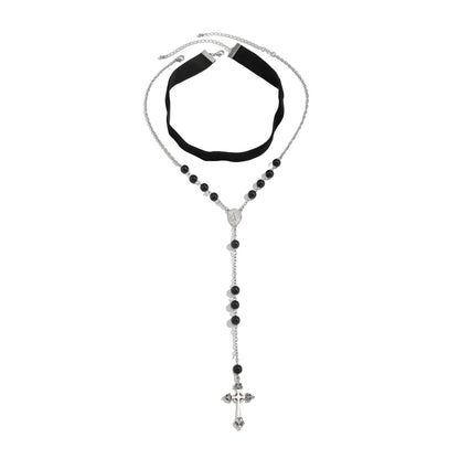 Black Resin and Polyster Silvertone Beads Chain Cross Drop Necklace Set, silver pendant necklace for women, front view
