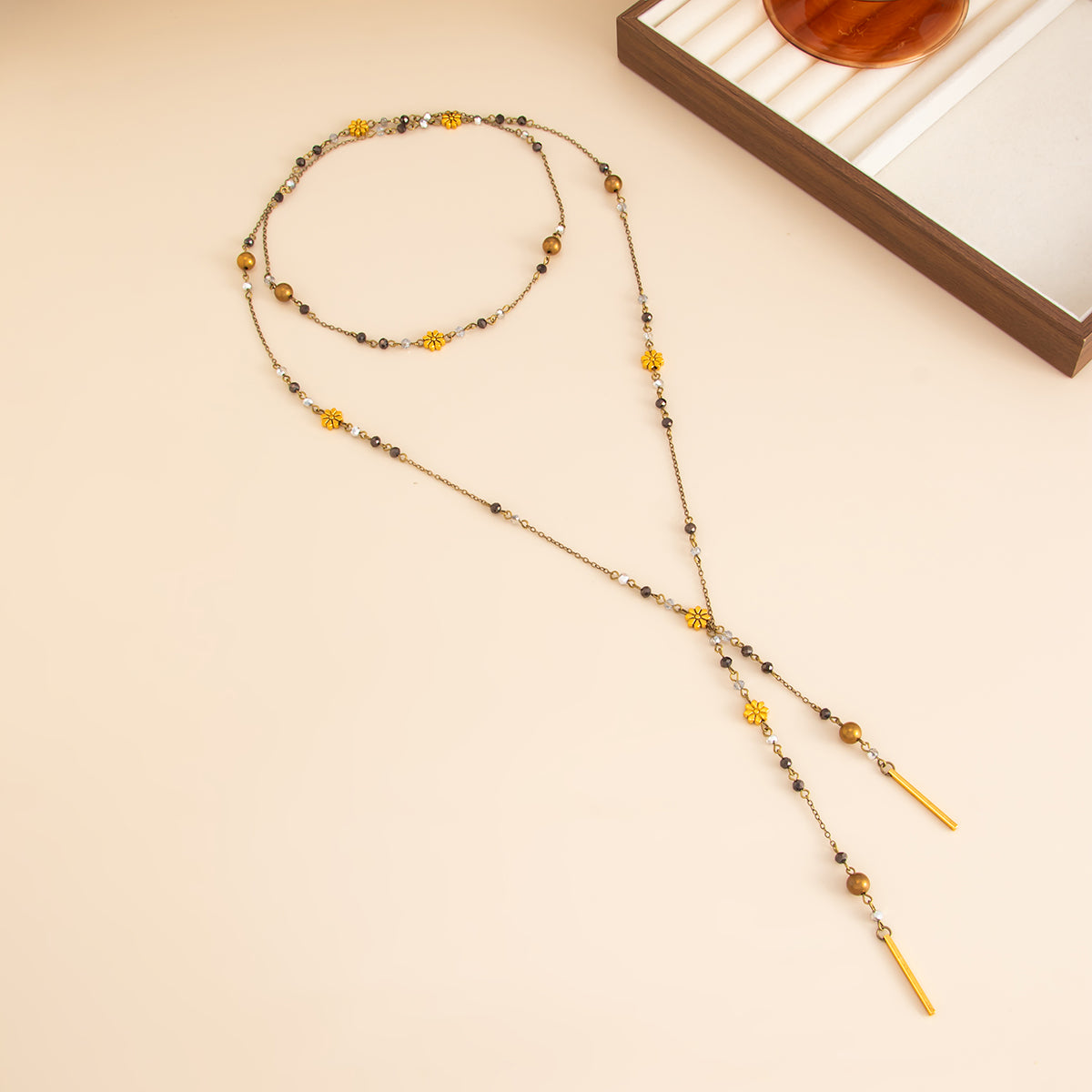 Colored Acrylic and Goldtone Bead Flower Station Long Necklace, elegant gift for her, side view