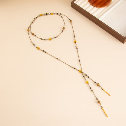 Colored Acrylic and Goldtone Bead Flower Station Long Necklace, elegant gift for her, side view
