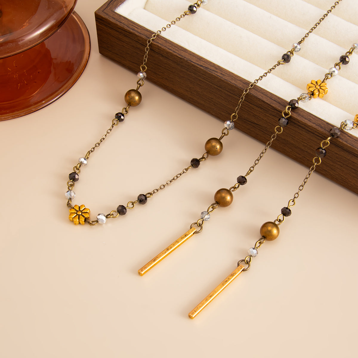 Colored Acrylic and Goldtone Bead Flower Station Long Necklace, elegant gift for her, detail close-up