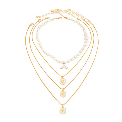 Baroque Pearl and Enamel Goldtone Fishtail Round Pendant Necklace Set, gold pendant necklace for women, front view