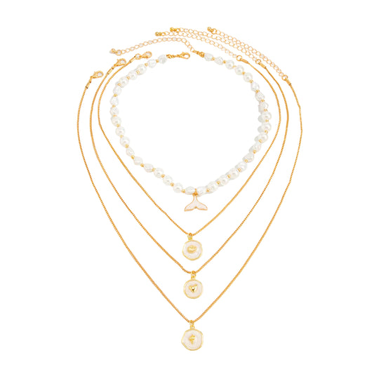 Baroque Pearl and Enamel Goldtone Fishtail Round Pendant Necklace Set, gold pendant necklace for women, front view