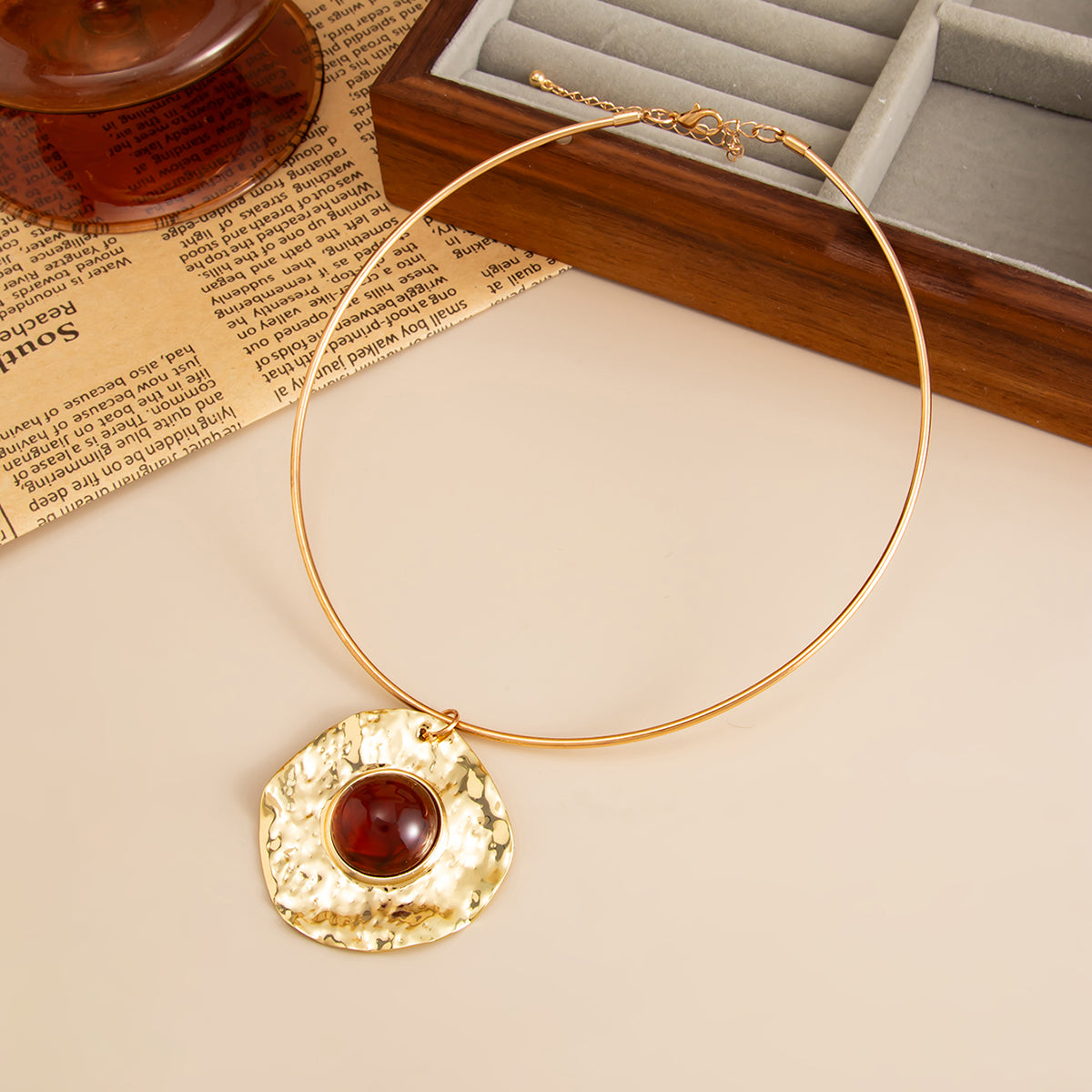 Red Resin and Goldtone Hammered Round Pendant Choker, everyday style, side view