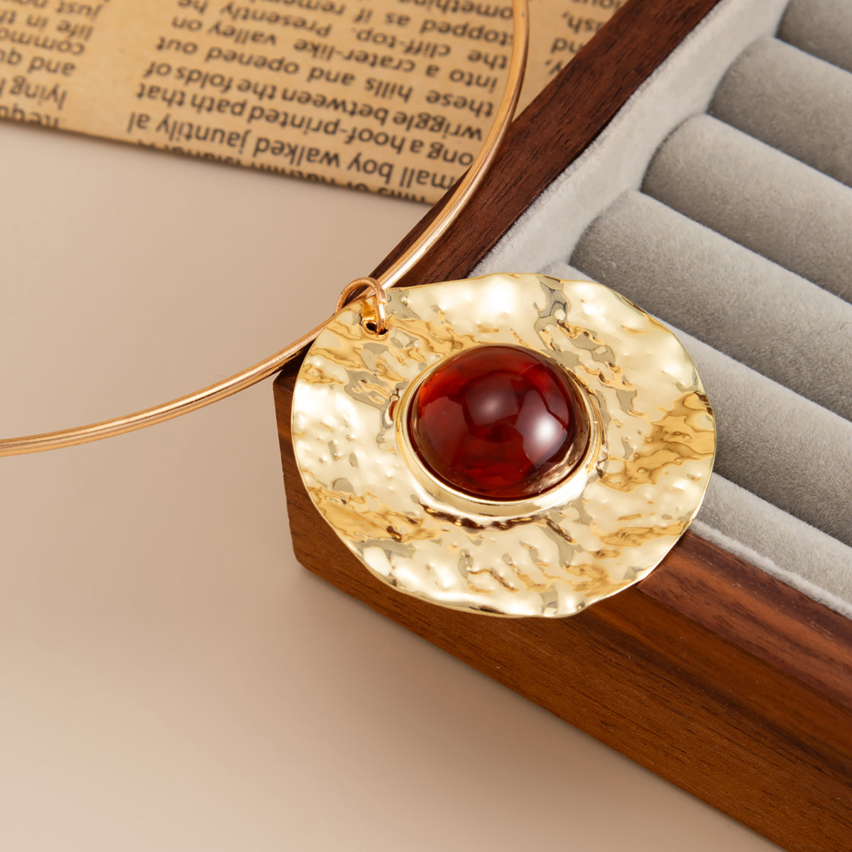 Red Resin and Goldtone Hammered Round Pendant Choker, everyday style, detail close-up
