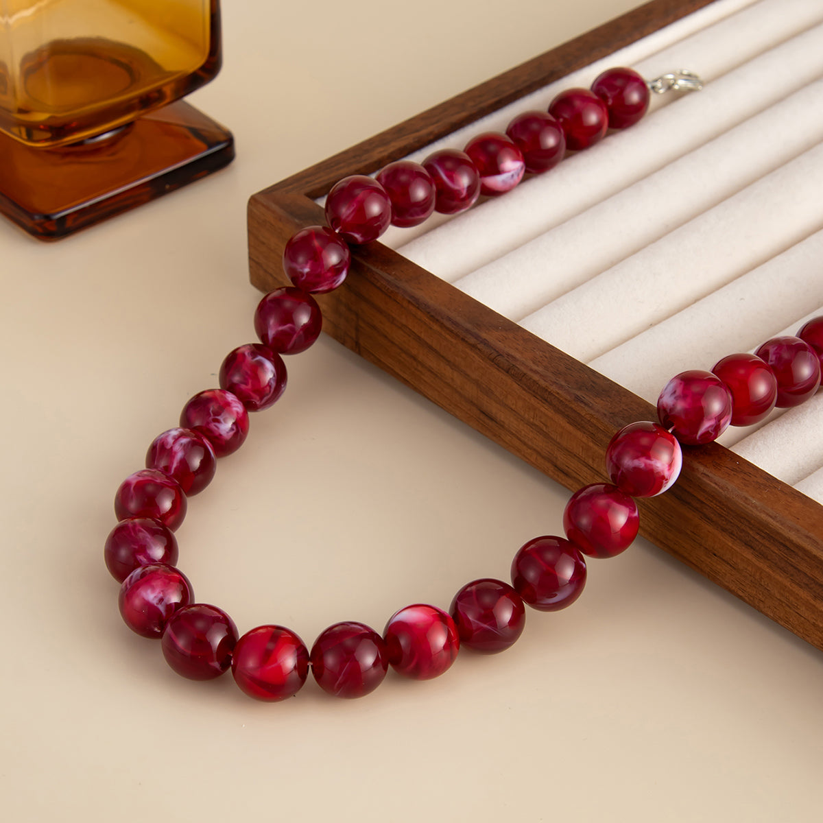 Wine Red Resin and Silvertone Beaded Collar Necklace, elegant gift for her, side view