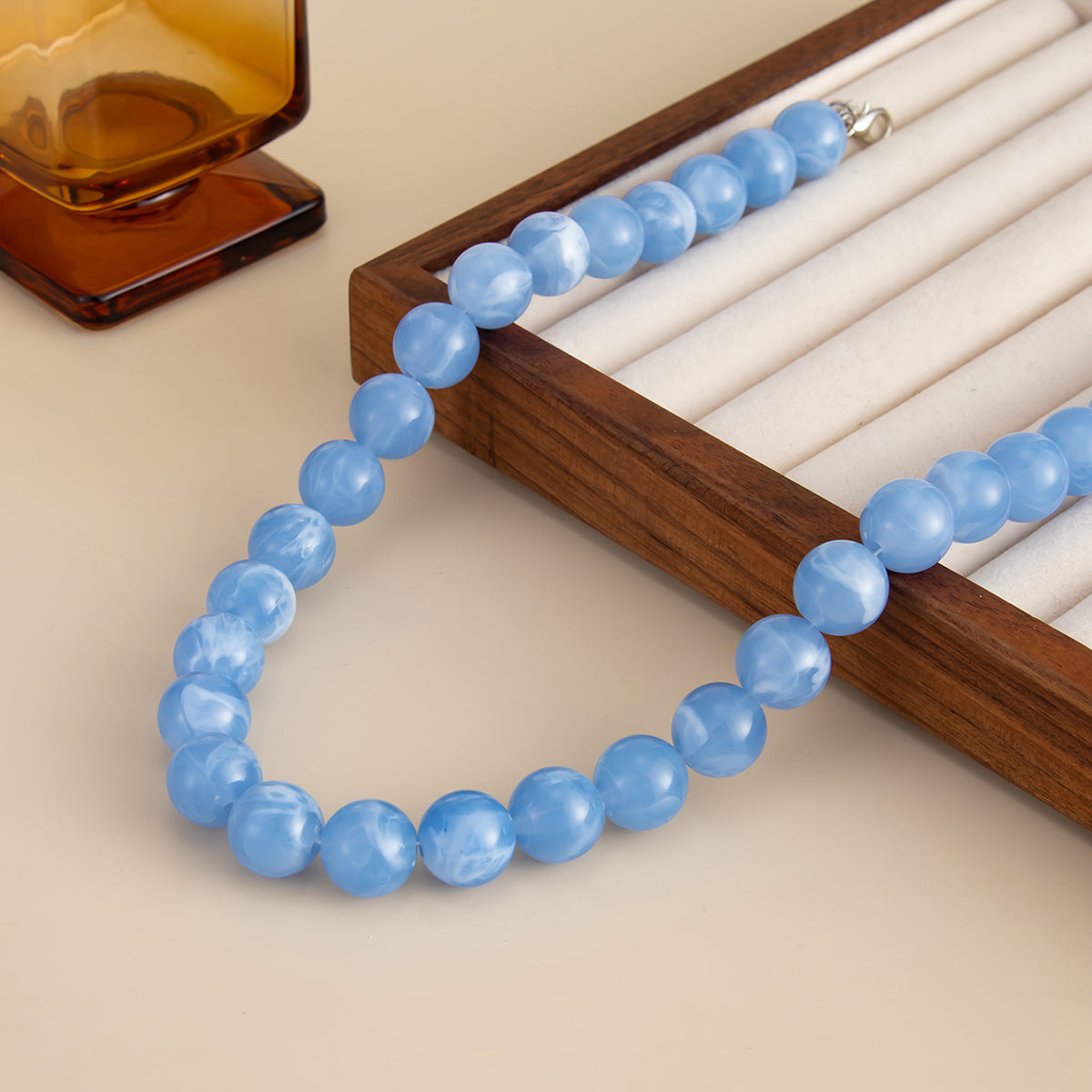 Blue Resin and Silvertone Beaded Collar Necklace, vintage-inspired design, side view