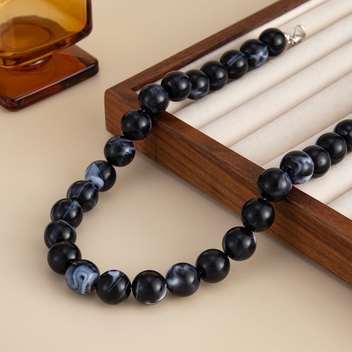 Black Resin and Silvertone Beaded Collar Necklace, elegant gift for her, side view