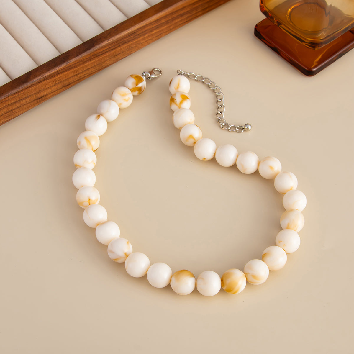 Beige Resin and Silvertone Beaded Collar Necklace, botanical inspired, detail close-up