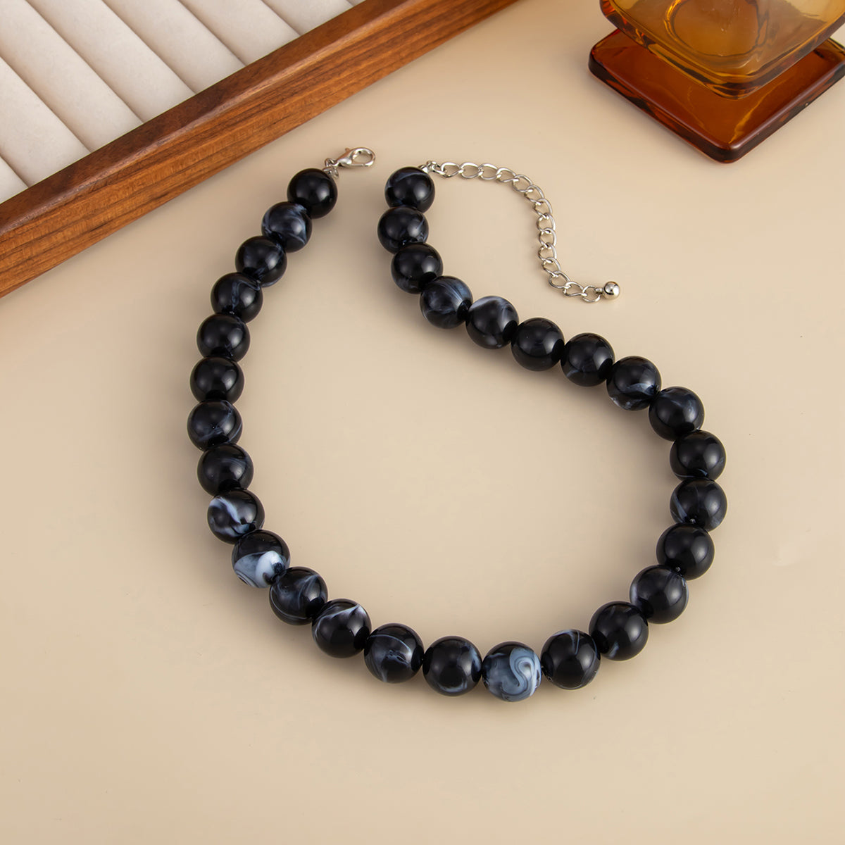Black Resin and Silvertone Beaded Collar Necklace, elegant gift for her, detail close-up