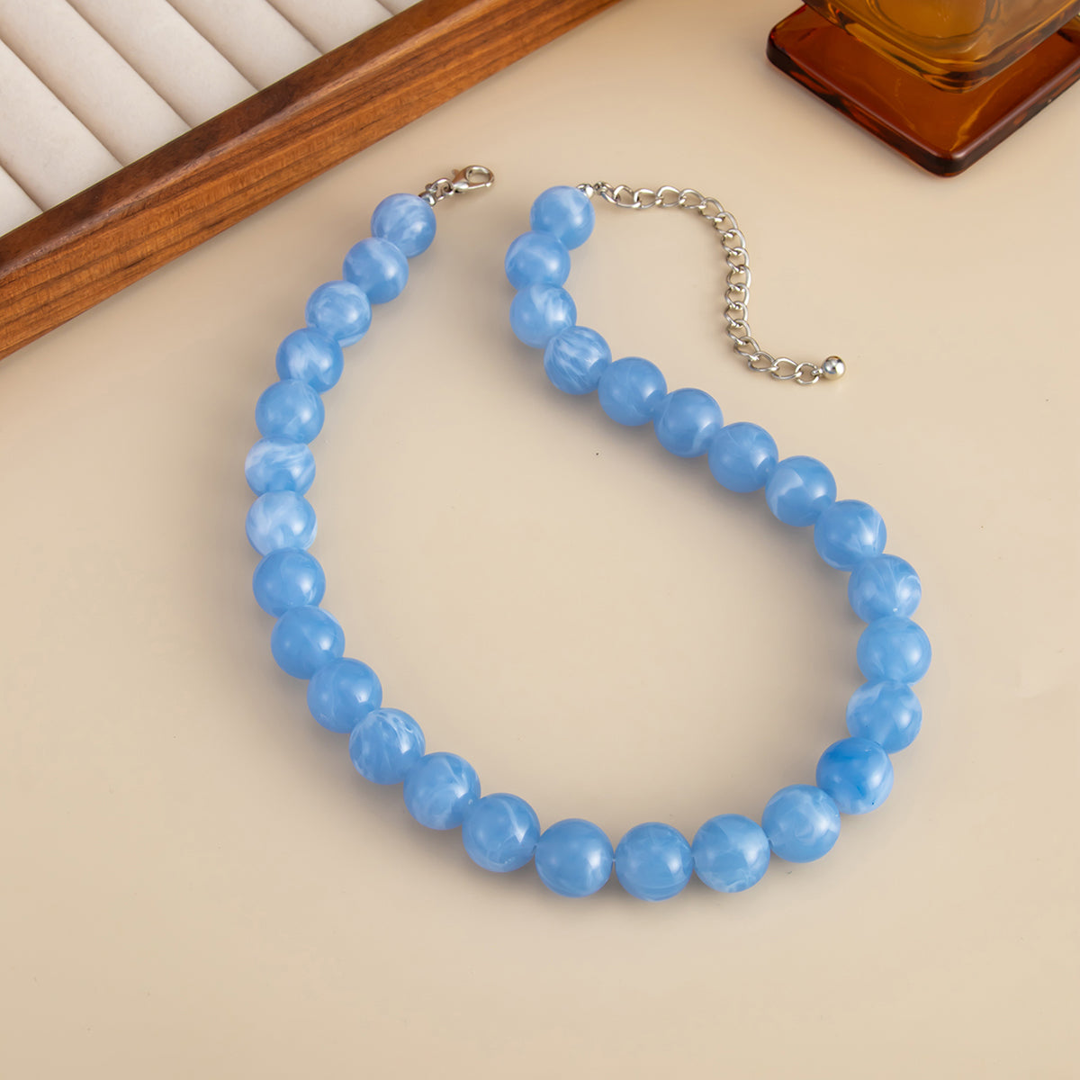 Blue Resin and Silvertone Beaded Collar Necklace, vintage-inspired design, detail close-up
