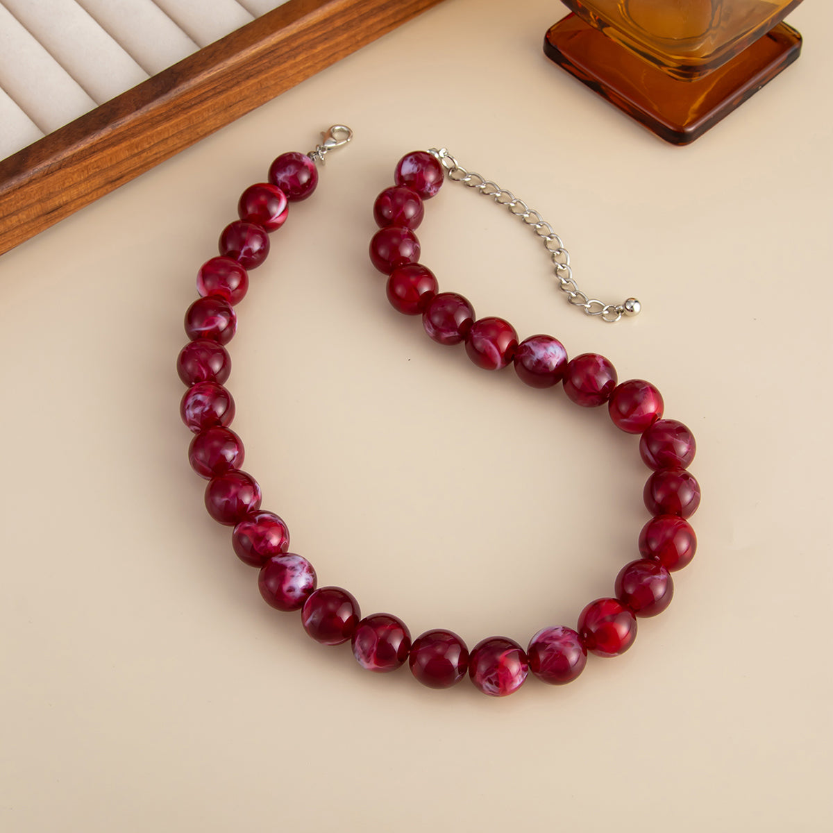 Wine Red Resin and Silvertone Beaded Collar Necklace, elegant gift for her, detail close-up