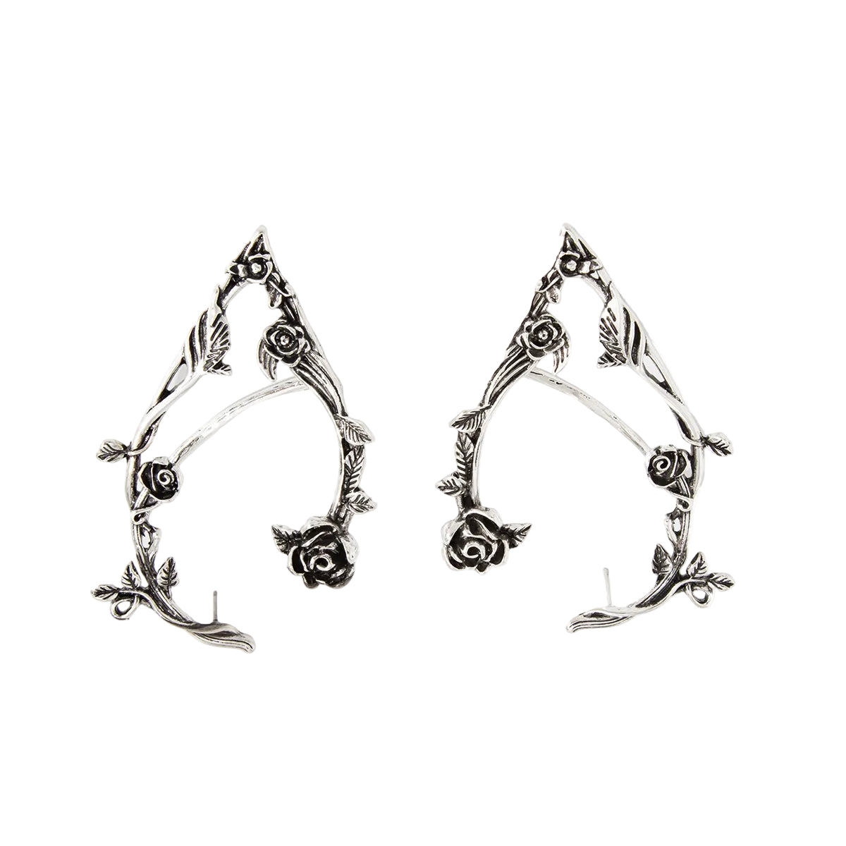 Black Enamel and Silvertone Rose Ear Cuffs, botanical inspired, front view